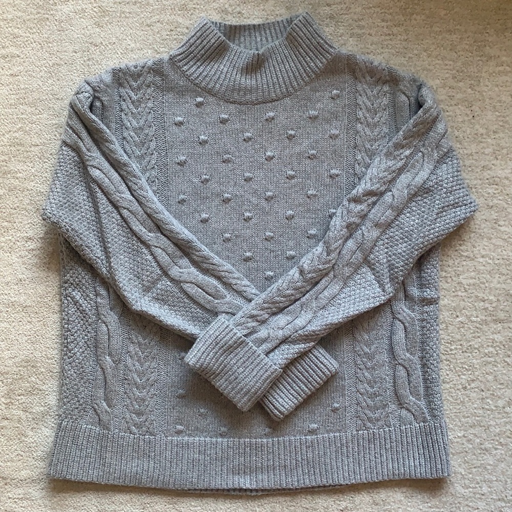 Gray Cable Knit Mock Neck Sweater